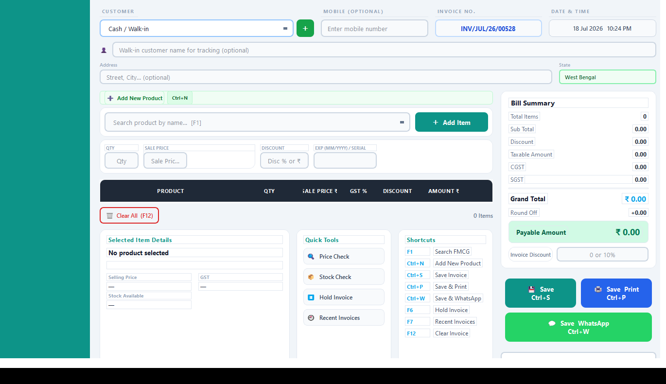 Automate FMCG billing screen with product search and bill summary