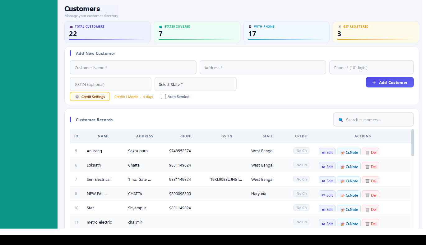 General/FMCG customer directory with credit settings and auto-remind