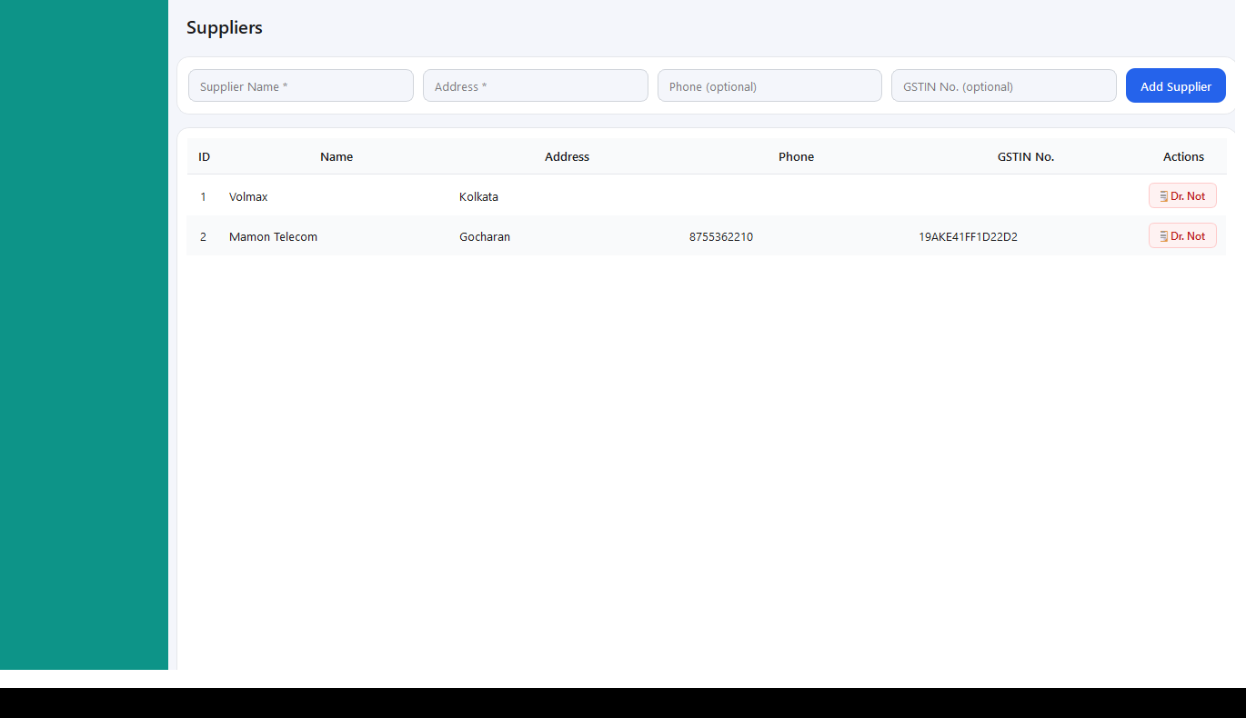 General/FMCG supplier directory with debit note action