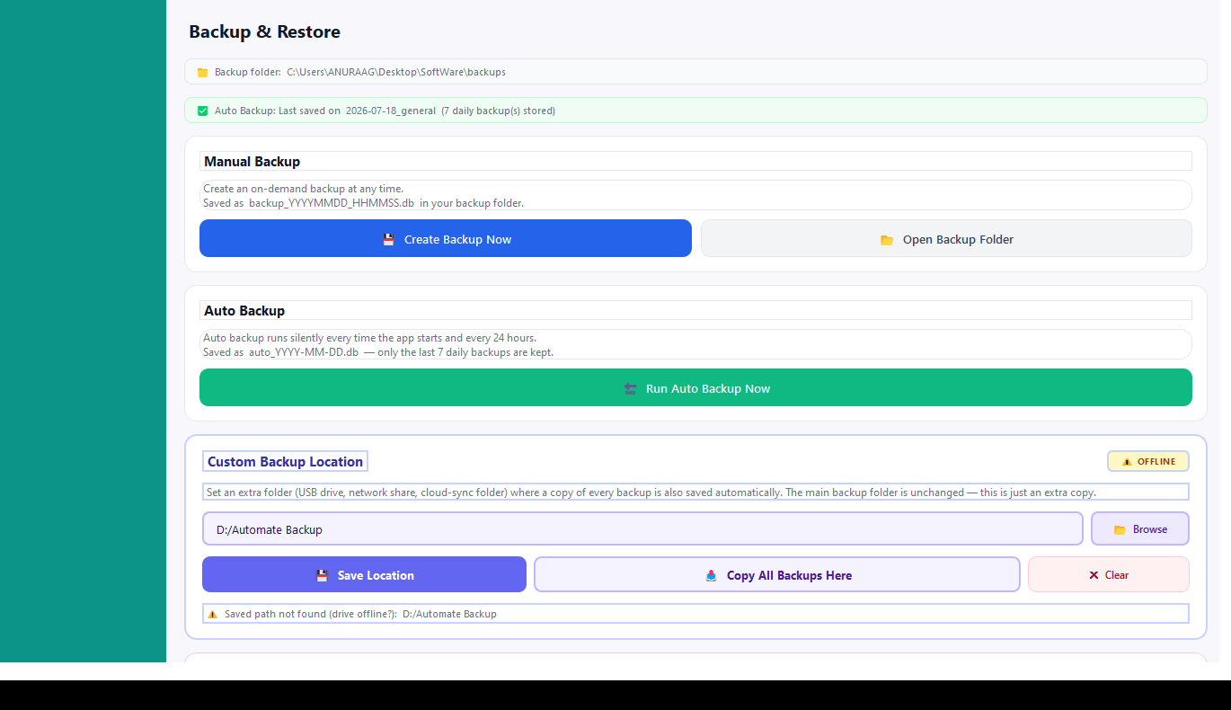 General/FMCG backup and restore screen with custom backup location