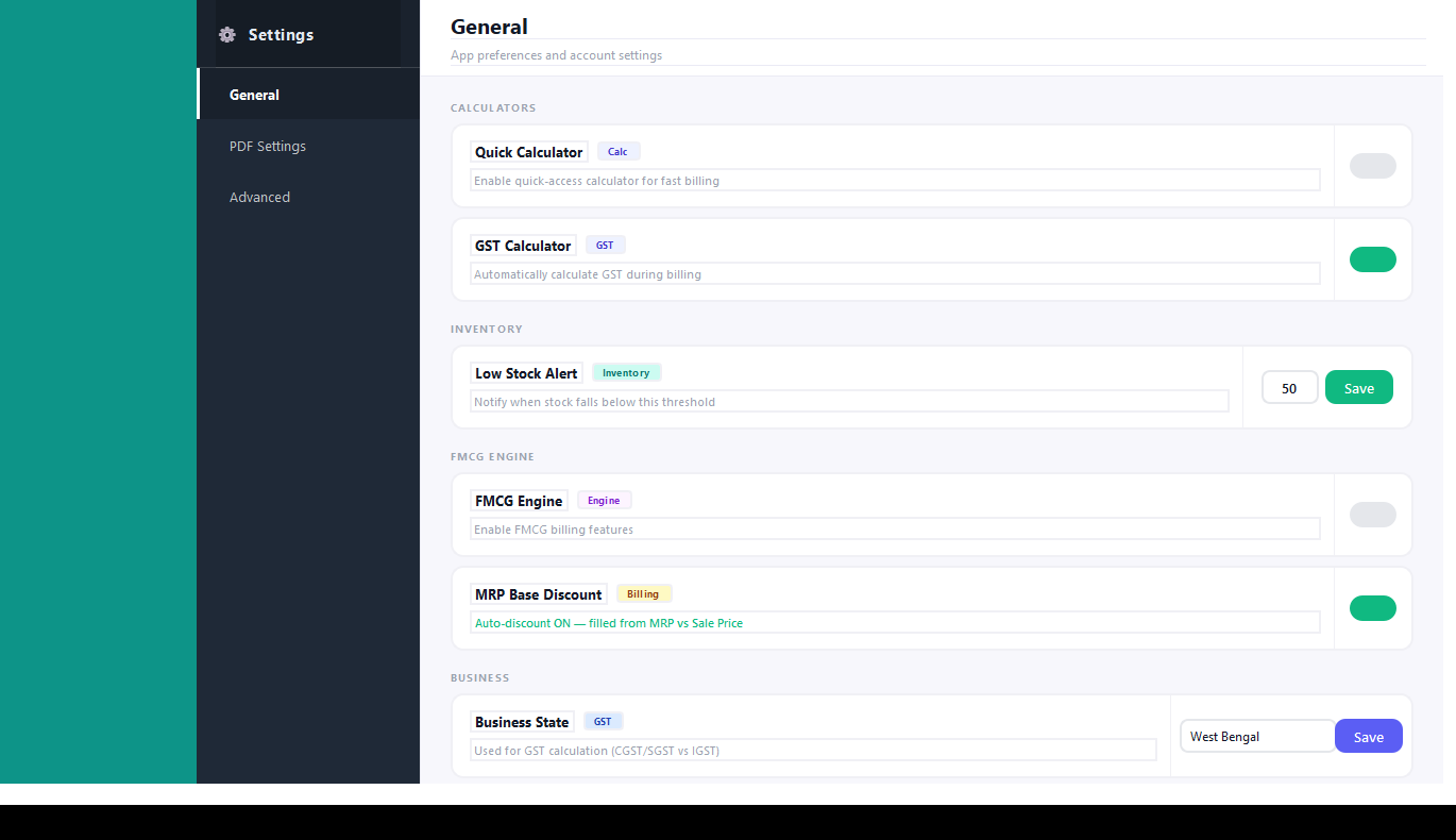 General/FMCG settings screen with FMCG Engine and MRP Base Discount toggles