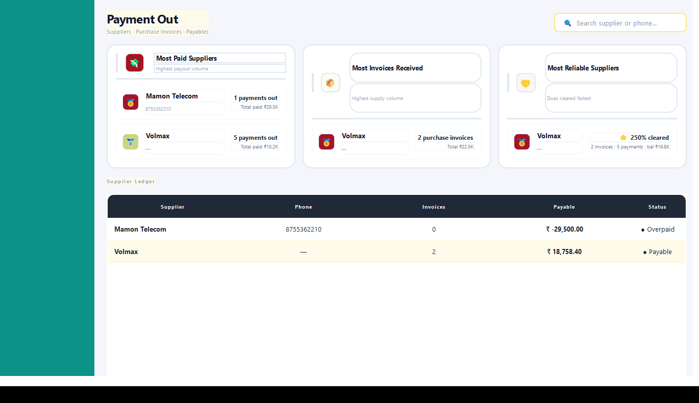 General/FMCG supplier ledger with payables and reliability insight panels