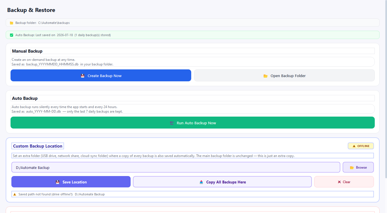 Automate backup and restore screen with custom backup location