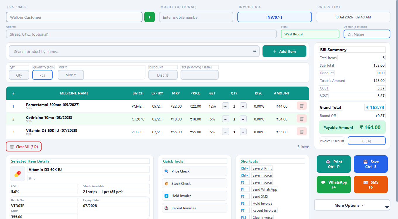 Automate billing screen with product search, bill summary and quick tools