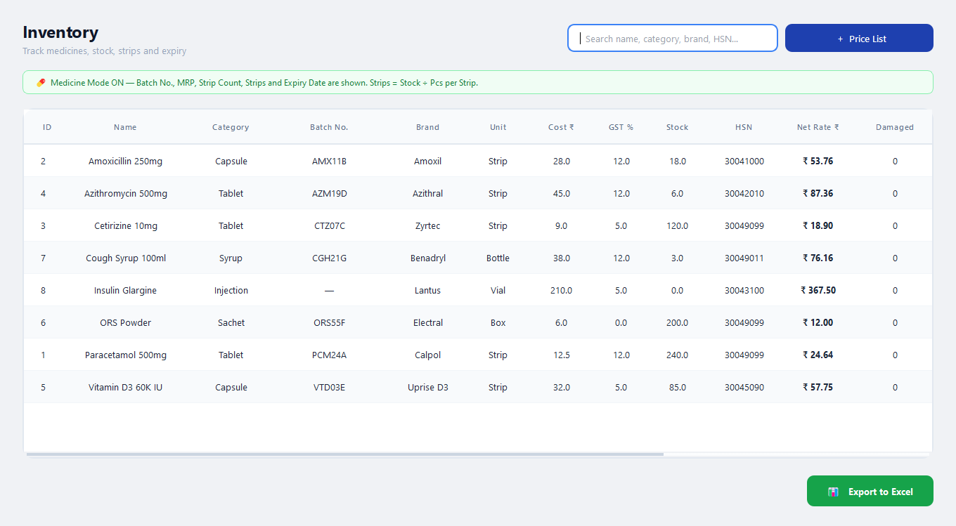 Automate inventory table with batch, brand, stock and net rate columns
