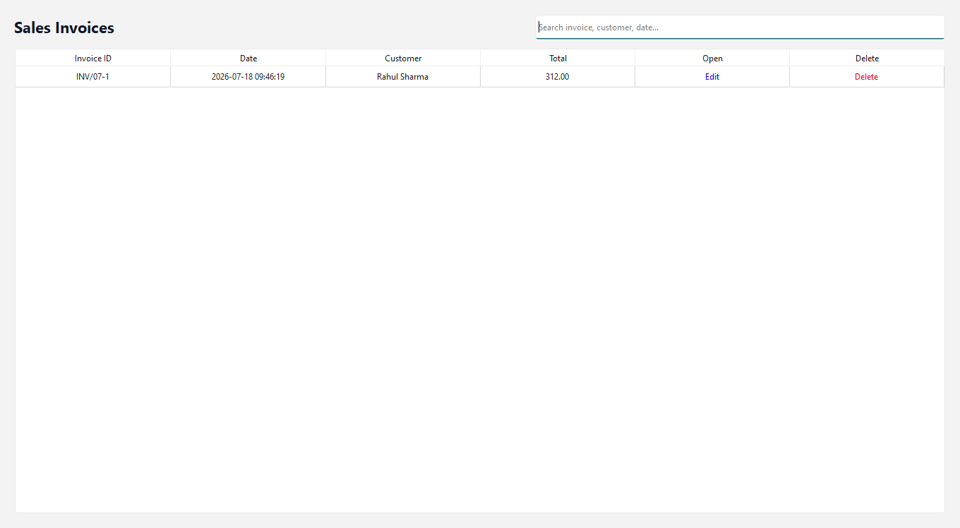 Automate invoice history table with search, edit and delete