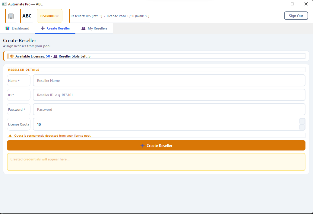 Business Partner creating a new Channel Partner and assigning a license quota