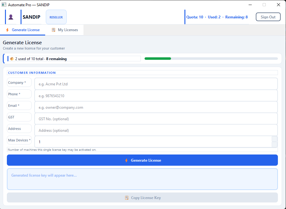 Channel Partner generating a license key for an end customer
